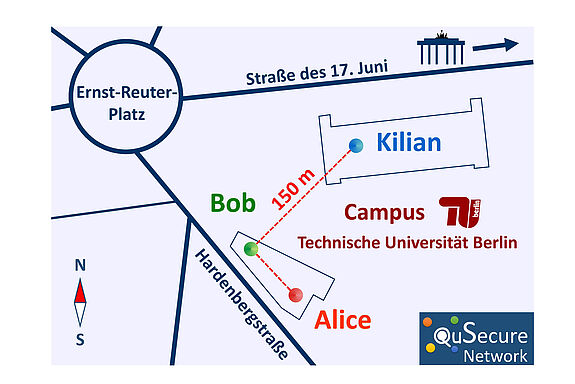 Schematische Darstellung des Quantenkommunikations-Netzwerkes auf einem Umgebungsplan von Berlin